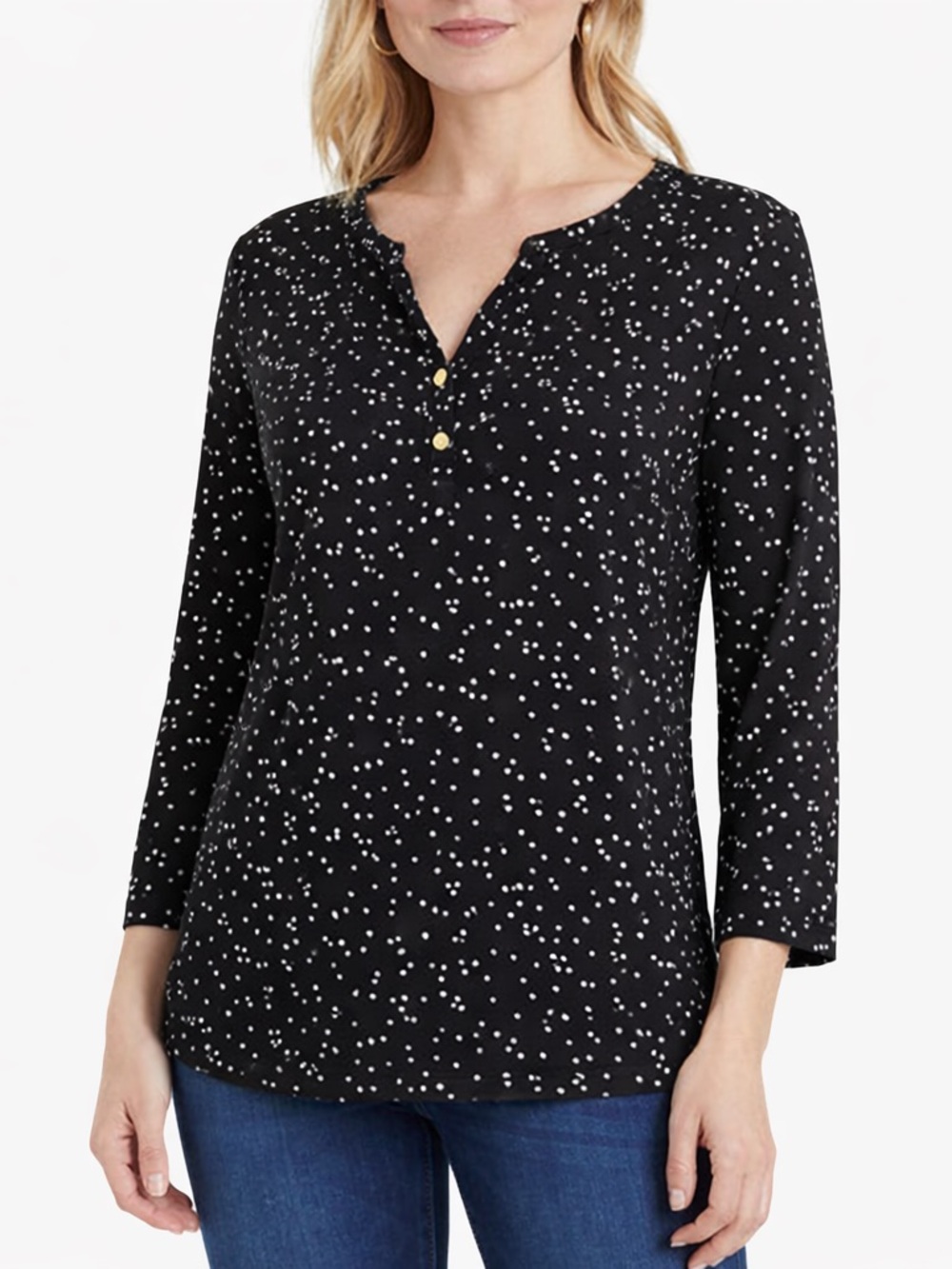 Anne Klein Black White Dot Henley Long Sleeve Knit Top Size M